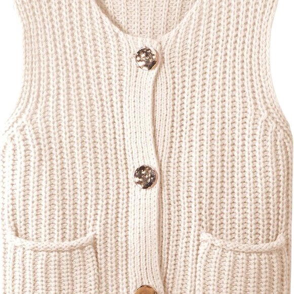 Womens Crochet Chunky Knit Top Sleeveless Button Down Crop Tops Trendy Cardigan - Picture 1 of 7